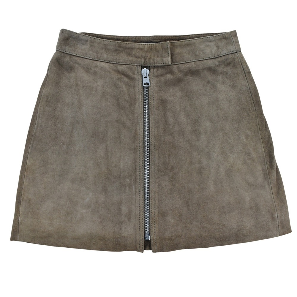AllSaints Lancaster Suede Mini Skirt Brown Goat Leather Front Zip WL074J US 4
